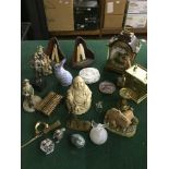 Basket of Buddha figures, tempus fugit clock, cricket book ends, Wedgwood rose-hip dish etc.