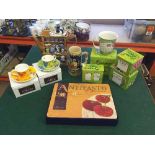 A tray of Ringtons teapot, beer stein, boxed Funky Farm mugs,