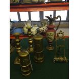 A tray of two brass miners lamps, brass picture stand,