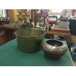 A large brass jam pan and a Art Nouveau copper planter