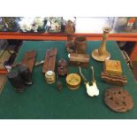 A tray of miniature carved table, lidded boxes, tribal art, wood working planes,