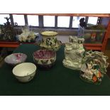 A tray of Staffordshire figure "The Lovers" and one other, Masons Chartreuse fruit bowl and planter,