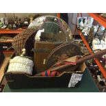 A box of circular un-framed mirror, wicker doll's cot, tie press,