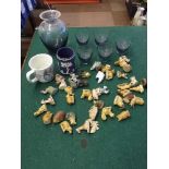 Basket of Wedgwood brush pot, Wedgwood Peter rabbit cup, quantity of Wade Whimsies,