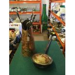 A brass bed warming pan, fire tongs/irons, scuttle etc.