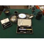 Various plated and sterling silver cutlery, together with plated hand mirror, tray, bowl goblets,