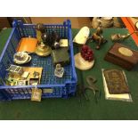 Basket of horn, table lighters, travel clocks, hip flask, table box, bronze figure etc.