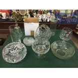 A box of assorted lead crystal decanter stoppers, fruit bowls,