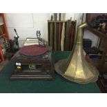 A HMV table top gramophone with brass horn