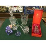 A tray of glass perfume bottles, Bohemian decanter with stopper, crystal swan,