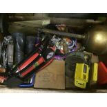 Two boxes of hand tools, brass oil lamp,