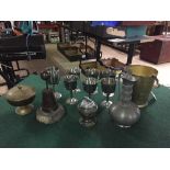 Tray of steel goblets, pewter jug, brass bowl and cover, engraves brass bucket, table lighter etc.