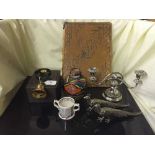 A bell box, together with a plated candelabrum, leather file, Japanese pottery vase,