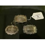 Three silver decanter labels - Sherry, Whisky and Brandy.