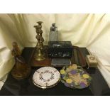 A tray of collectables, pair of brass candlesticks, jewellery box, chrome cocktail shaker etc.