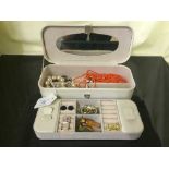 A box of costume jewellery, cufflinks, charm bracelet etc.