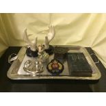 A French silver plated tray, together with Jockey Club cruet, Printing block, Rabbit figure,