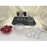 A tray of early 20th century glass water jug and goblets, drinking glasses, lead crystal bowl,