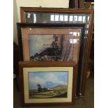 Two mahogany framed Terrance Cuneo framed prints depicting steam trains and three others
