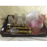 Three boxes of brass candlestick wall lights, picture lights, hanging oil lamps,