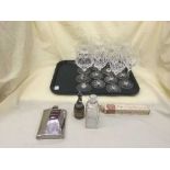 A tray of crystal wine glasses, hip flask, wine thermometer,