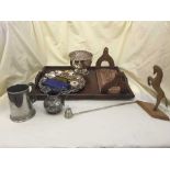 A tray of carved hardwood mirror, hardwood picture frame, extending book rack, plated milk jug,