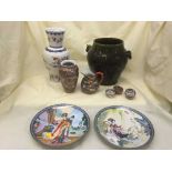 A tray of stoneware planter, oriental vases, wall plates,