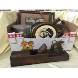 A box of champagne bucket, measures, antique wood working plane, mantel clock,