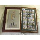 A framed set of Ogdens cigarette cards : Jockeys and a unframed Vanity Fair print of a jockey