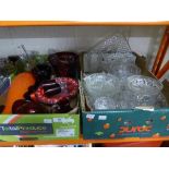 Two boxes containing assorted pressed glass including vases, serving dishes, bells,