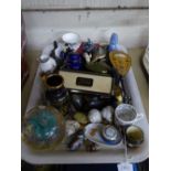 A tray containing miniature Royal Doulton Toby jug, John Peel, large glass paperweight, AA badge,