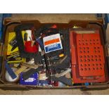 Box of Draper G-clamps, glue, tape measures,