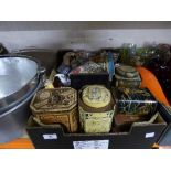 Two enamel jam pans together with a box containing assorted vintage tins including Colman's Mustard,