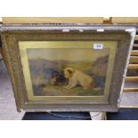 A gilt framed oil on panel : Two terriers