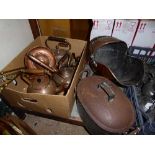 Box containing copper kettles, copper pan, scuttle, brass irons etc.