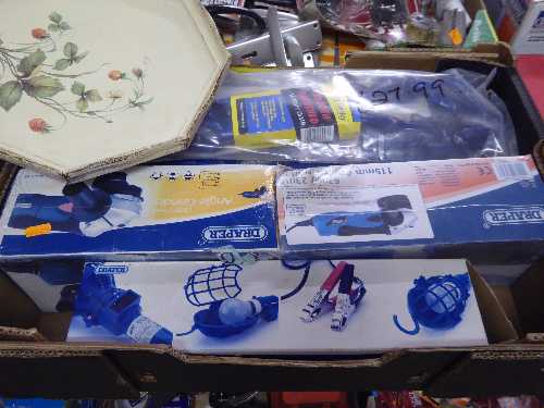 Box of Draper angle grinders, tile cutting machine,