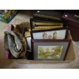 A box containing Victorian style photograph album together with a large quantity of assorted framed