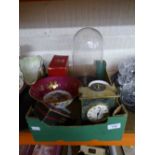 A box containing glass bowl, a Hohner Super Chromonica, a Limoge comport, carriage clock etc.