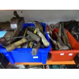 Two boxes containing assorted vintage hand tools including block plates, rules, hammers, brace etc.