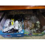 Three boxes containing assorted glassware, decanters, telephones, kitchen electricals,