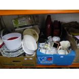 Six boxes containing assorted bric a brac, kitchen electricals, board games, planters, tins,