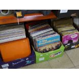 Three boxes containing LPs and 45s including Swing box sets, Glen Miller, James Last etc.