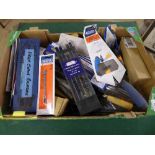 Box of Draper hacksaw blades, carbide blades, trowels,