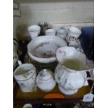 A tray containing assorted commemorative mugs, collectors plates, Aynsley Wild Tudor bowl, jug,