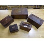 Box containing three mahogany tea caddies and two boxes