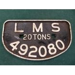 A Railway wagon plate LMS 20 tons circa 1930s.