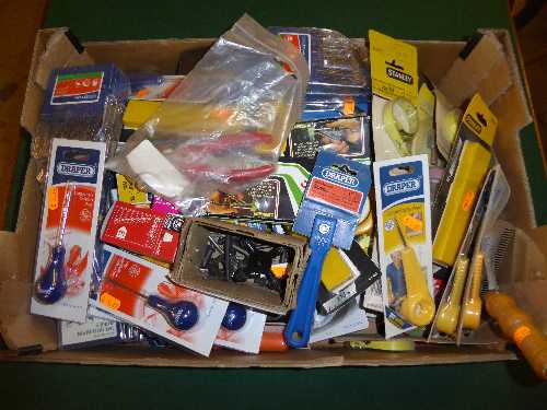 Box of screw driver sets, Draper scrapers, drill bits, Stanley measures,