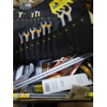 Box of Draper voltage detector, spirit levels, hammers,