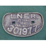 A Railway wagon plate LNER Darlington dated 1947.