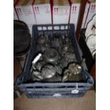 Box containing assorted embossed pewter teapots,